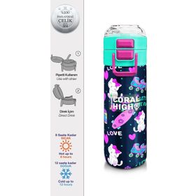 Coral High 500 ml 31983 Kids Lacivert Pembe Kedili Paten Desenli Pipetli Çelik Termos