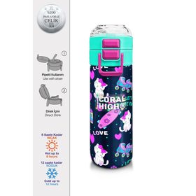 Coral High 500 ml 31983 Kids Lacivert Pembe Kedili Paten Desenli Pipetli Çelik Termos