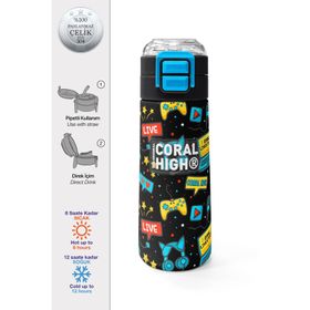 Coral High 500 ml 31984 Kids Siyah Mavi Gamer Desenli Pipetli Çelik Termos