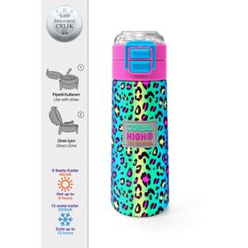 Coral High 500 ml 31985 Kids Renkli Leopar Desenli Pipetli Paslanmaz Çelik Termos