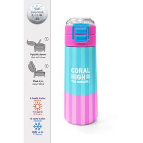 Coral High 500 ml 31987 Kids Renkli Çizgili Desenli Pipetli Çelik Termos