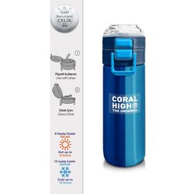 Coral High 500 ml 31997 Kids Lacivert Mavi Çizgili Pipetli Çelik Termos