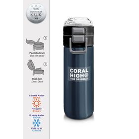 Coral High 500 ml 31998 Kids Lacivert Turuncu Çizgili Pipetli Çelik Termos