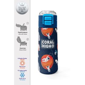 Coral High 500 ml 31999 Kids Lacivert Mavi Astronot Desenli Pipetli Çelik Termos