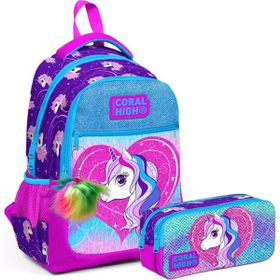 Coral High Adalinhome 2'li Çanta Seti 3 Bölmeli Pembe Kalemlik