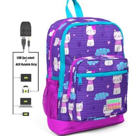 Coral High Adalinhome Kids Usb+Aux Soketli Desenli Dört Bölmeli Mor-Mavi Okul Çantası