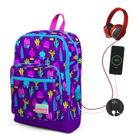 Coral High Baskılı Kız Çocuk Mor Kaktüs USB Soketli Mor Mavi Kaktüs Okul Çantası ve Beslenme Çantası Seti