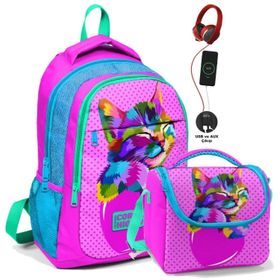 Coral High Coral High İlk ve Orta Okul ve Beslenme Çantası Seti - Kız Çocuk Pembe Sevimli Kedi - USB Soketli (Çok Renkli) Okul Çantası