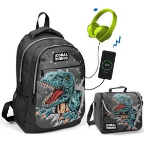 Coral High Dinazor Baskılı Okul ve Beslenme Çantası - Erkek Çocuk - Usb Soketli Beslenme Çantası