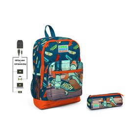 Coral High Erkek Çocuk Usb Soketli Kaykay Baskılı İlkokul Sırt Çantası ve Kalemlik Seti