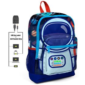 Coral High Erkek Çocuk Usb ve Aux Soketli Mavi Astronot Baskılı İlkokul ve Günlük Sırt Çantası