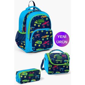 Coral High GOSET0123406 Kids Mavi Lacivert Monster Truck Desenli 3'lü Okul Çanta Seti
