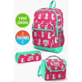 Coral High GOSET0123466 Kids Neon Mercan Su Yeşili Alpaka Desen Kalemlik Beslenme 3lü Okul Çanta Set