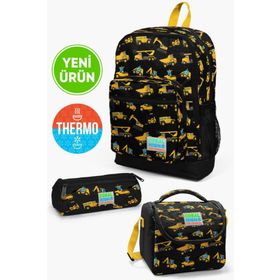 Coral High GOSET0123475 Kids Siyah Sarı İş Makinesi Desenli Kalemlik Beslenme 3’lü Okul Çanta Seti