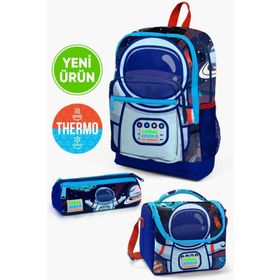 Coral High GOSET0123724 Kids Saks Mavi Astronot Desenli Kalemlik Beslenme 3’lü Okul Çanta Seti
