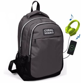 Coral High Gri-Sİyah USB ve AUX İlk ve Ortaokul Sırt Çantası