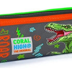 Coral High Gri Yeşil T-Rex Üç Bölmeli Kalem Çantası -Erkek Çocuk Kalemlik Kalemli