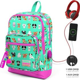 Coral High Kadın Su Yeşili Köpek Desenli Usb Şarjlı Kulaklık Çıkışlı Okul Sırt Çantası 23266 K74 Okul Çantası