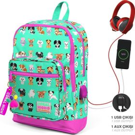 Coral High Kadın Su Yeşili Köpek Desenli Usb Şarjlı Kulaklık Çıkışlı Okul Sırt Çantası 23266 K74 Okul Çantası