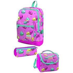 Coral High Kids Açık Pembe Su Yeşili Makaron Desenli USB'li 3’lü Kız Çocuk Okul Çanta Seti