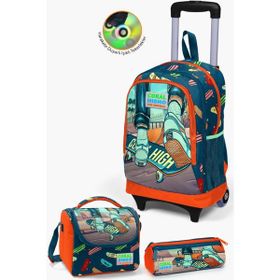 Coral High Kids Civit Neon Turuncu Kaykay Desenli Çekçekli 3'lü Okul Çantası