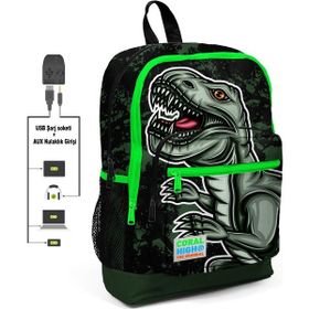Coral High Kids Dört Bölmeli Siyah Koyu Yeşil Ilkokul Çantası USB Şarjlı Kulaklık Çıkışlı 23825 Okul Çantası