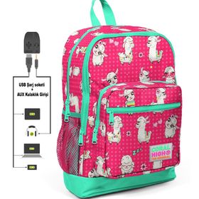 Coral High Kids Dört Gözlü Kız Çocuk İlkokul - Lama Desenli Usb+aux Soketli Okul Çantası