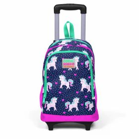 Coral High Kids Lacivert Pembe Unicorn Desenli Üç Bölmeli Işıklı Tekerlekli Çekçekli Sırt Çantası 23 23366 Okul Çantası