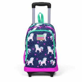 Coral High Kids Lacivert Pembe Unicorn Desenli Üç Bölmeli Işıklı Tekerlekli Çekçekli Sırt Çantası 23 23366 Okul Çantası