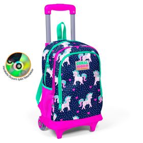 Coral High Kids Lacivert Pembe Unicorn Desenli Üç Bölmeli Işıklı Tekerlekli Çekçekli Sırt Çantası 23 23366 Okul Çantası