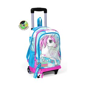 Coral High Kids Mavi Neon Pembe Unicorn Desenli Üç Bölmeli Işıklı Tekerlekli Çekçekli Okul Sırt Çantası 23911 (Çok Renkli) Okul Çantası