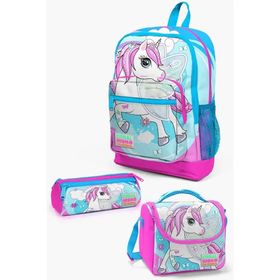 Coral High Kids Mavi Neon Pembe Unicorn Desenli Üç Bölmeli Kalem Çantası
