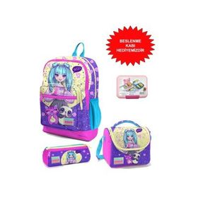 Coral High Kids Mor Pembe Anime Kız Desenli 3’lü Okul Çanta Seti