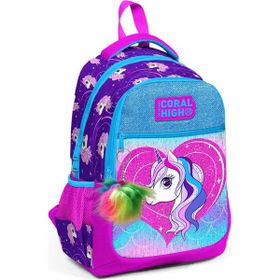 Coral High Kids Mor Pembe Unicorn Desenli Simli Üç Bölmeli Okul Çantası