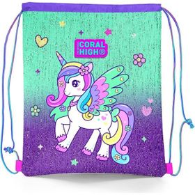 Coral High Kids Mor Su Yeşili Unicorn Desenli Ipli Büzgülü Sırt 22691 - Mor - Açık Mavi Okul Çantası