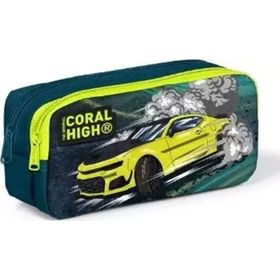 Coral High Kids Nefti Fosforlu Sarı Araba Desenli Iki Bölmeli Kalem Çantası