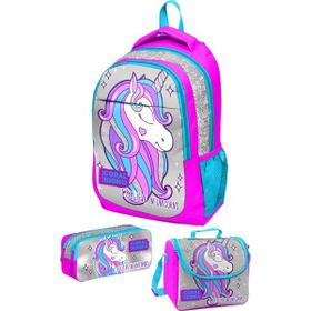 Coral High Kids Pembe Gümüş Simli Unicorn Desenli Üç Bölmeli 3'lü Set Okul Çantası