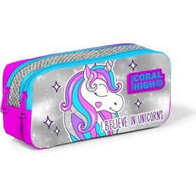 Coral High Kids Pembe Gümüş Simli Unicorn Desenli Üç Bölmeli 3'lü Set Okul Çantası