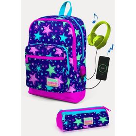 Coral High Kids Saks Pembe Yıldız Desenli Usb'li 2'li Okul Çanta Seti SET0223271 Okul Çanta