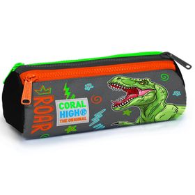 Coral High Kids Siyah Gri Dinozor Desenli Üç Bölmeli Kalem Çantası