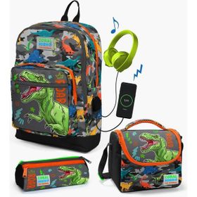 Coral High Kids Siyah Gri Dinozor Desenli Usb'li 3’lü Okul Çanta Seti Set 23844 Okul Çanta