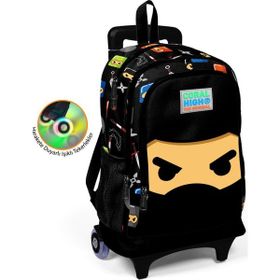 Coral High Kids Siyah Ninja Desenli Işıklı Tekerlekli İki Bölmeli Çekçekli Sırt Okul Çantası