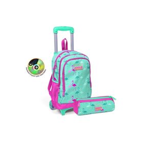 Coral High Kids Su Yeşili Neon Pembe Flamingo Desenli Çekçekli Çanta Seti (Çanta-Kalemlik) Kalemlik