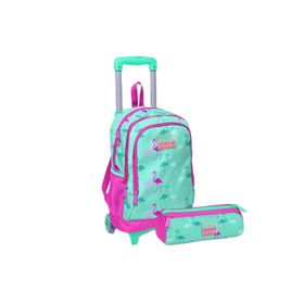 Coral High Kids Su Yeşili Neon Pembe Flamingo Desenli Çekçekli Çanta Seti (Çanta-Kalemlik) Kalemlik