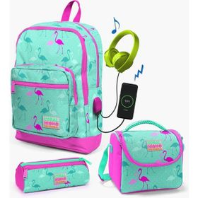 Coral High Kids Su Yeşili Neon Pembe Flamingo Desenli Usb'li 3’lü Okul Çanta Seti 23275 Okul Çanta