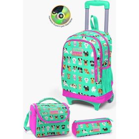 Coral High Kids Su Yeşili Neon Pembe Köpek Desenli Çekçekli 3'lü Çanta Seti GOSET0123362 - İlköğretim Okul Çantası