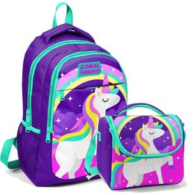 Coral High Kız Çocuk Mavi Unicorn Mor Yeşil Unicorn Beslenme Çantası Seti