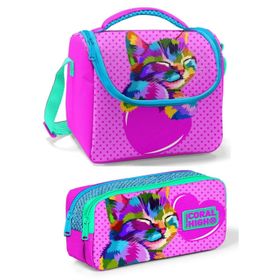 Coral High Kız Çocuk Pembe Mor Kedi Beslenme Çantası Seti