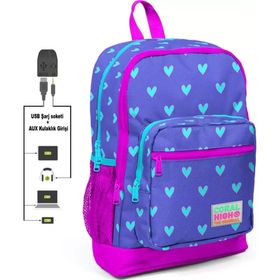Coral High Kız Çocuk Usb Soketli Kalp Baskılı Okul Çantası ve Beslenme Çantası Seti