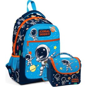 Coral High Lacivert Mavi Astronot Desenli Üç Bölmeli Okul Sırt Çantası ve Beslenme Seti Okul Çantası
